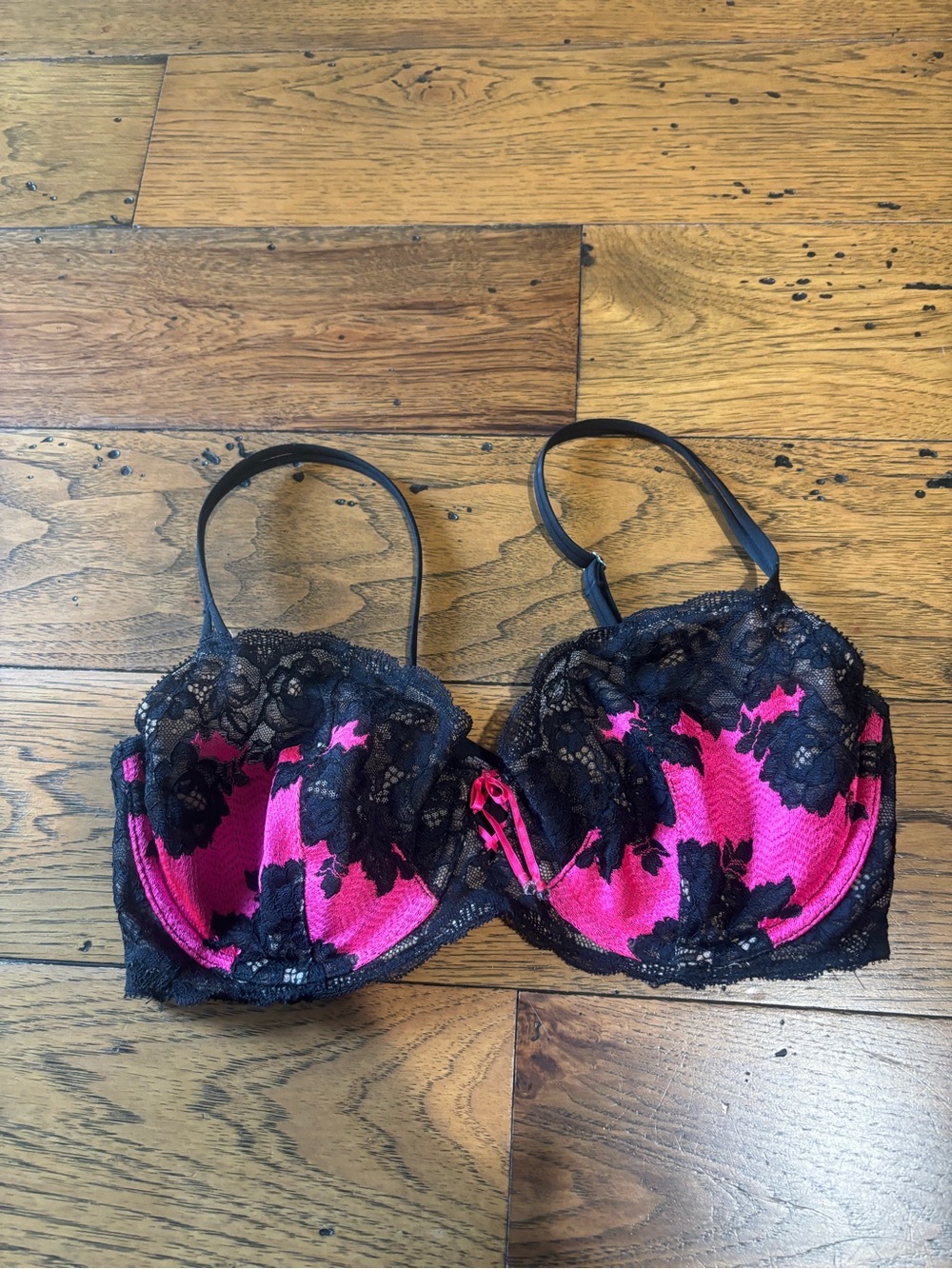 Victoria’s Secret Women’s Black Lace Overlay Hot Pink Unlined Demi Bra 34DD